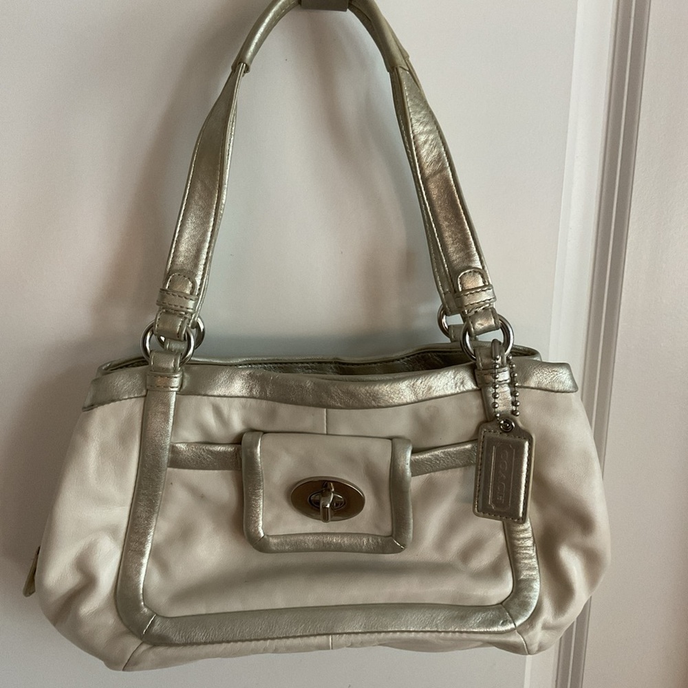 Coach Cream and Silver Shoulder Bag